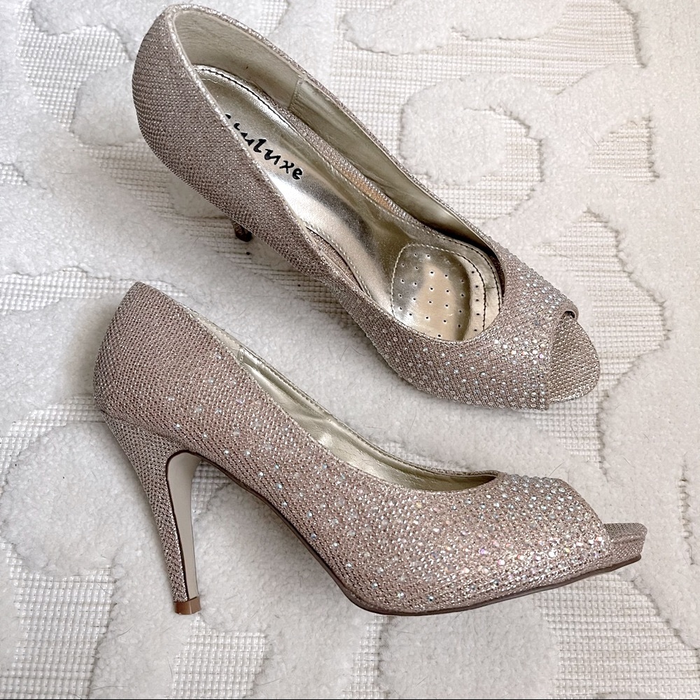 Styluxe High Heels - Women | Color: Champagne | Rhinestone Studded | Peep-toe